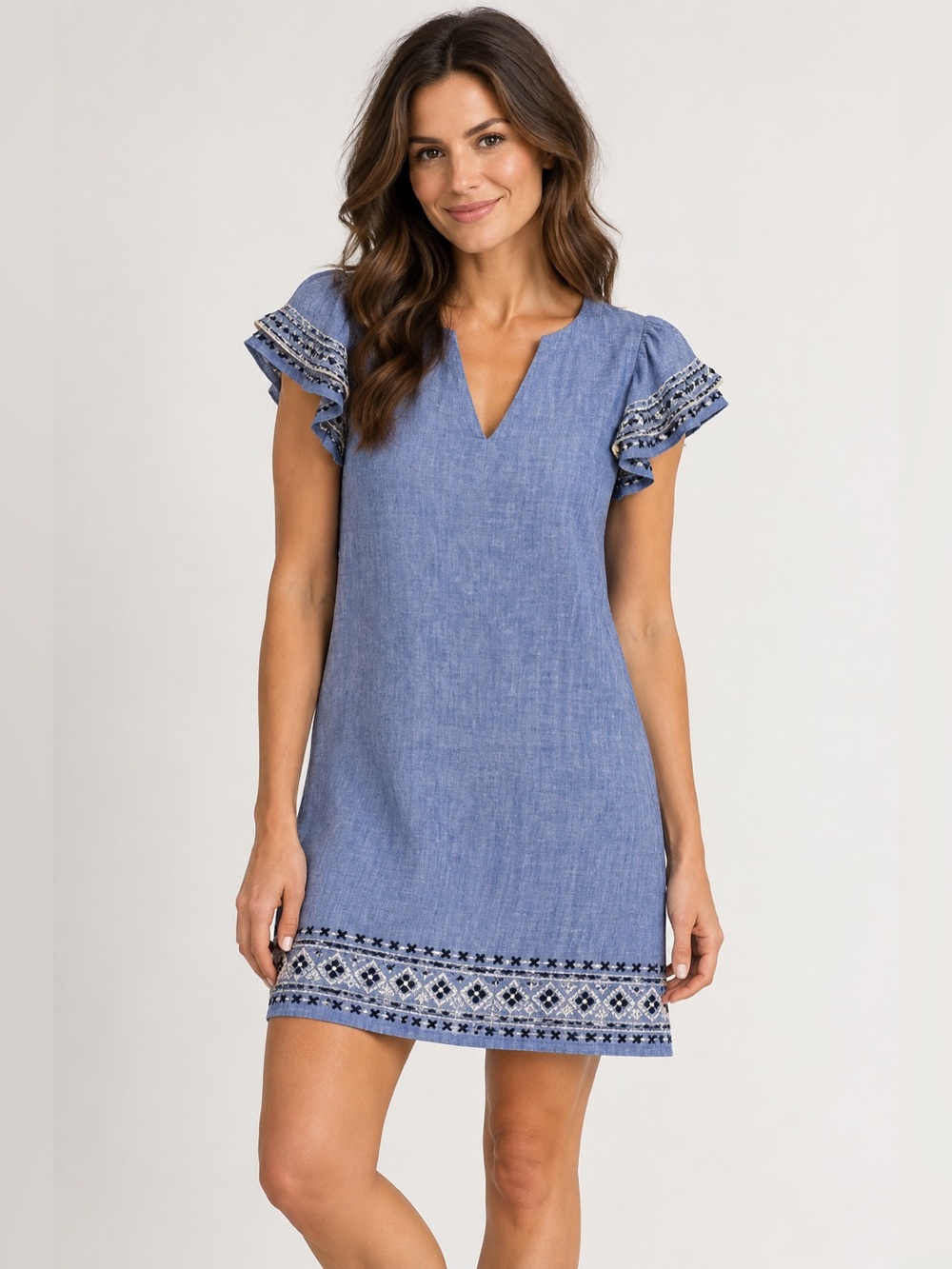 Vineyard Vines Blue Linen Embroidered Flutter Sleeve Shift Dress XS